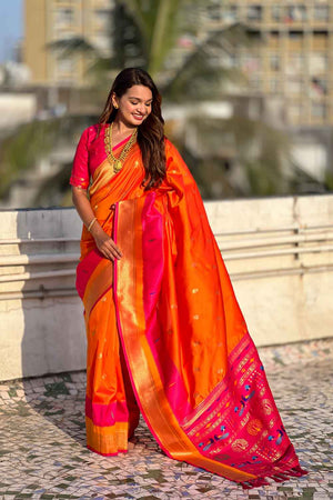 Orange Woven Paithani Silk Saree