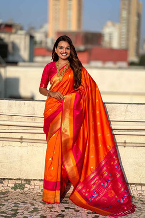 Orange Woven Paithani Silk Saree