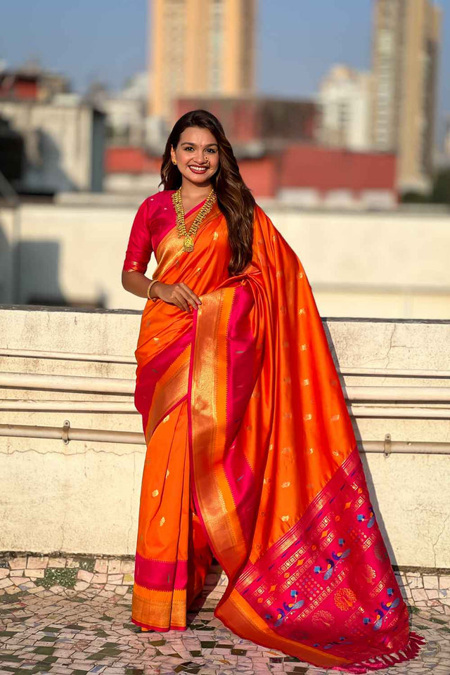 Orange Woven Paithani Silk Saree