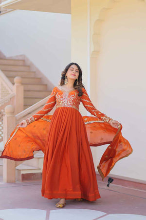 Orange Sequin with Embroidered Chiffon Gown