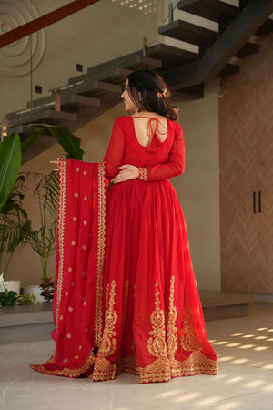 Red Sequin with Embroidered Georgette Gown