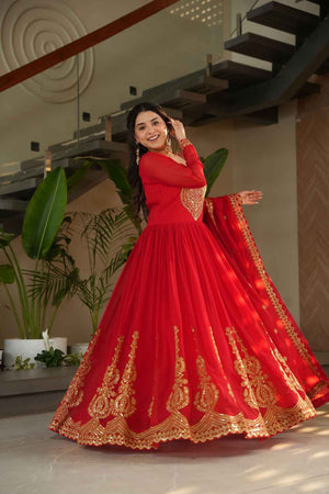Red Sequin with Embroidered Georgette Gown