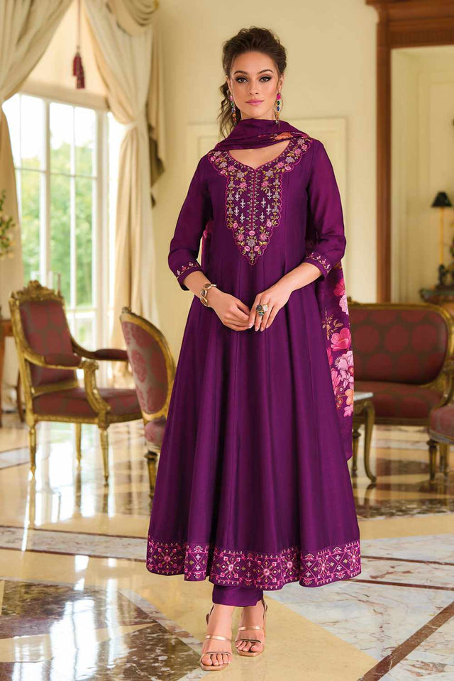 Violet Solid Silk Anarkali Suit Set (ACZ7624)