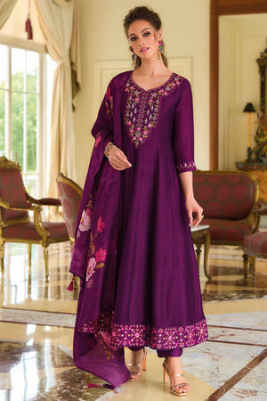 Violet Solid Silk Anarkali Suit Set (ACZ7624)