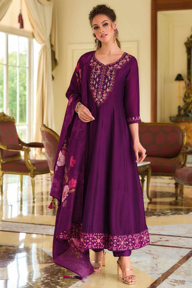 Violet Solid Silk Anarkali Suit Set (ACZ7624)