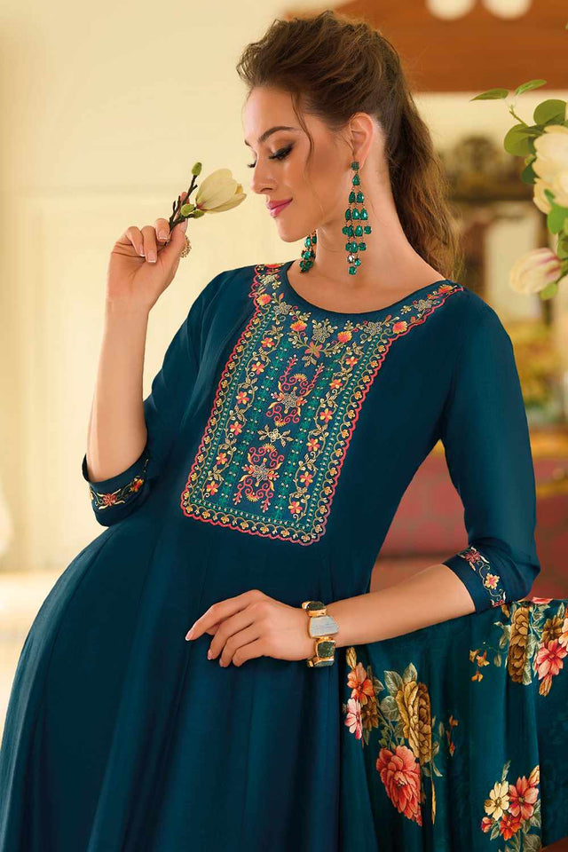 Turquoise Solid Silk Anarkali Suit Set (ACZ7626)