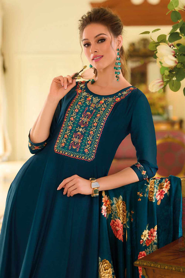 Turquoise Solid Silk Anarkali Suit Set (ACZ7626)