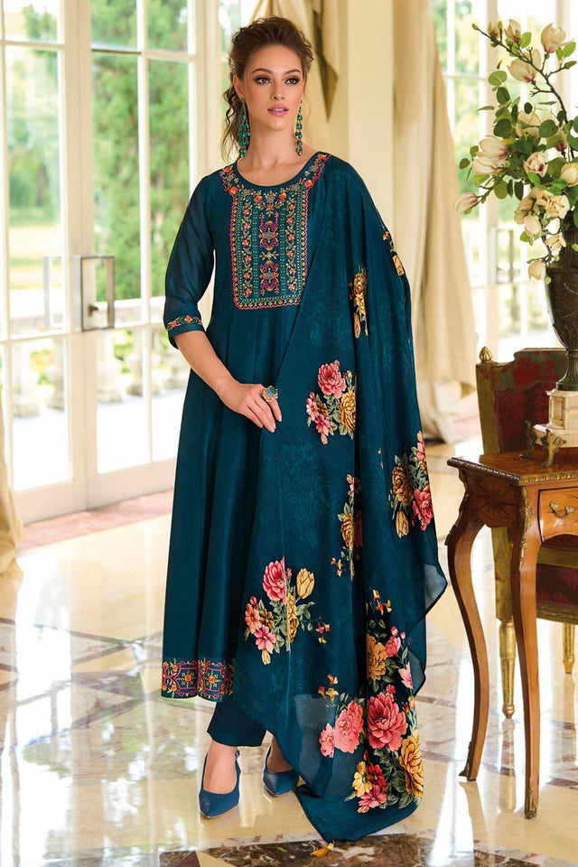 Turquoise Solid Silk Anarkali Suit Set (ACZ7626)