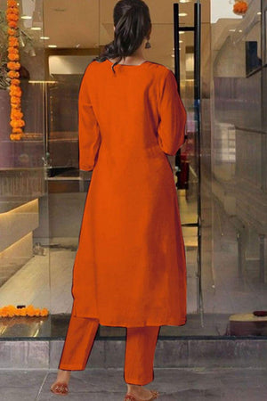 Orange Embroidered Silk Straight Cut Suit Set