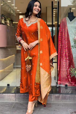 Orange Embroidered Silk Straight Cut Suit Set