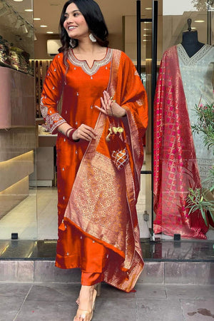 Orange Embroidered Silk Straight Cut Suit Set