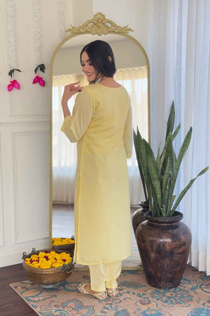 Yellow Solid Chanderi Straight Cut Suit Set