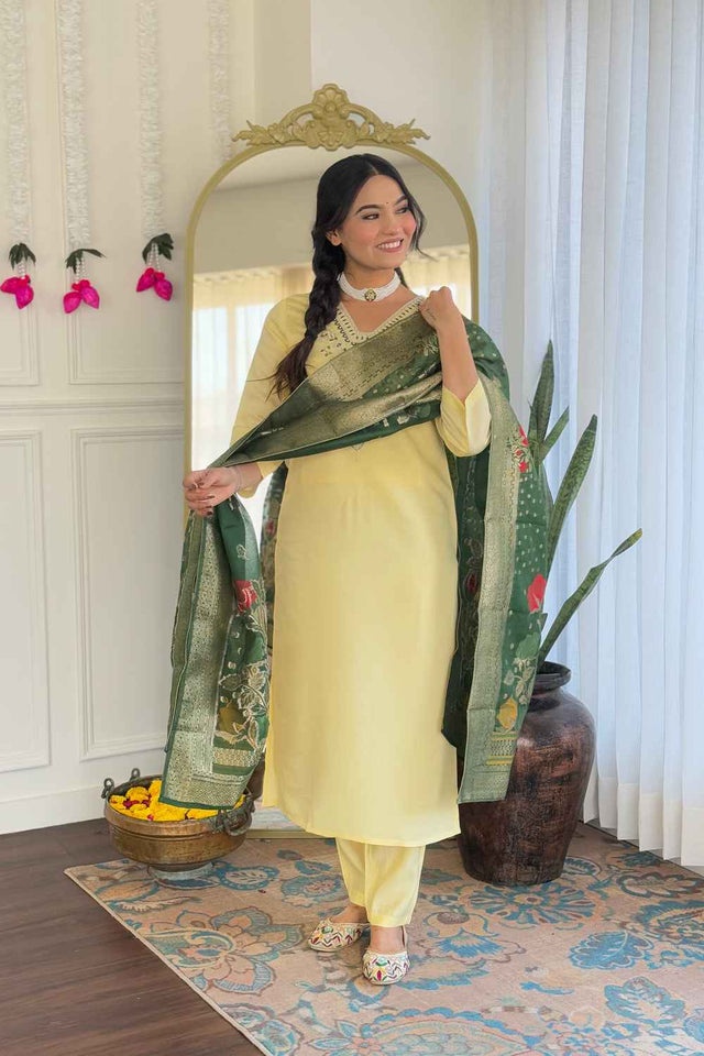 Yellow Solid Chanderi Straight Cut Suit Set