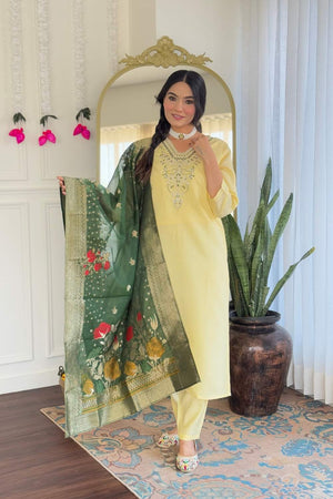 Yellow Solid Chanderi Straight Cut Suit Set