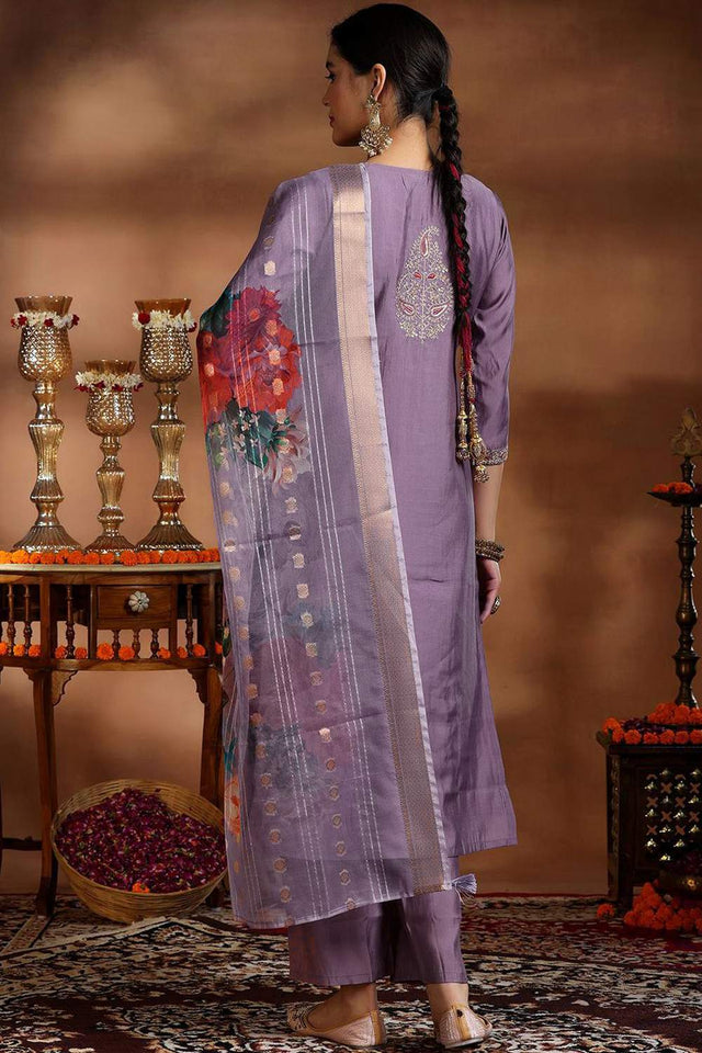Violet Solid Viscose Straight Cut Suit Set