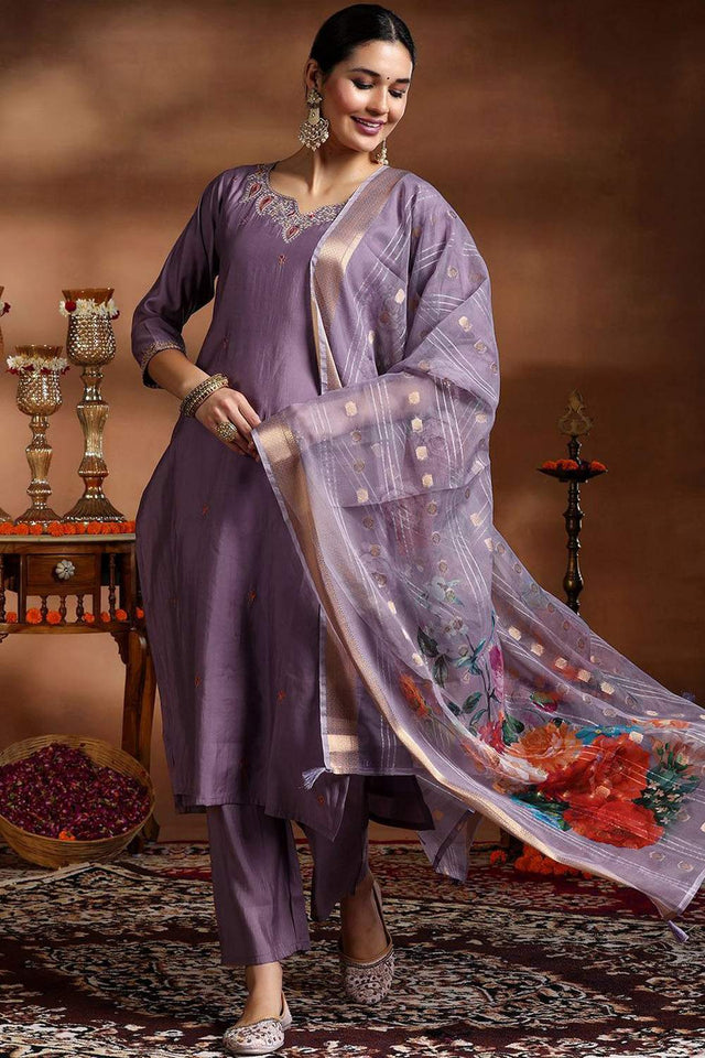 Violet Solid Viscose Straight Cut Suit Set