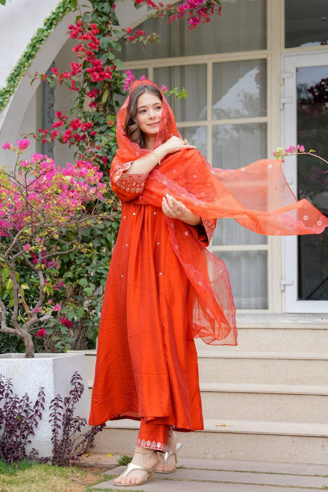 Orange Mirror Sequin Chanderi Anarkali Suit Set (ACZ7719)