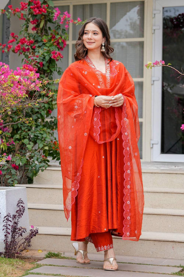 Orange Mirror Sequin Chanderi Anarkali Suit Set (ACZ7719)