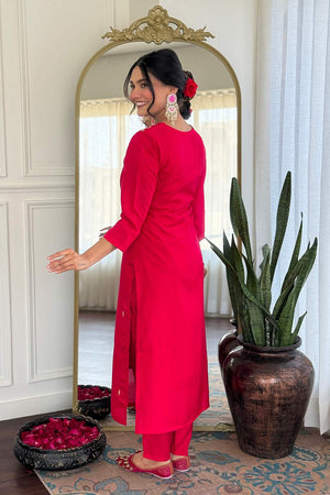 Pink Embroidered Silk Straight Cut Suit Set