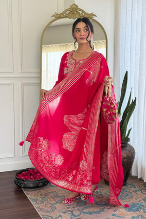 Pink Embroidered Silk Straight Cut Suit Set