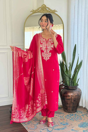Pink Embroidered Silk Straight Cut Suit Set
