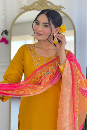 Mustard Solid Chanderi Straight Cut Suit Set