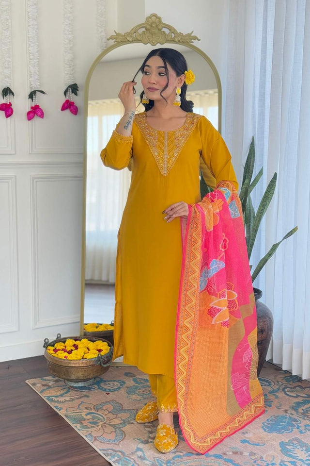 Mustard Solid Chanderi Straight Cut Suit Set