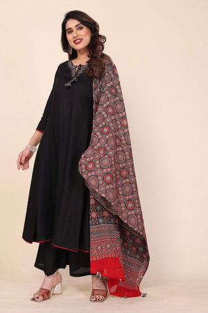 Black Solid Viscose Straight Cut Suit Set