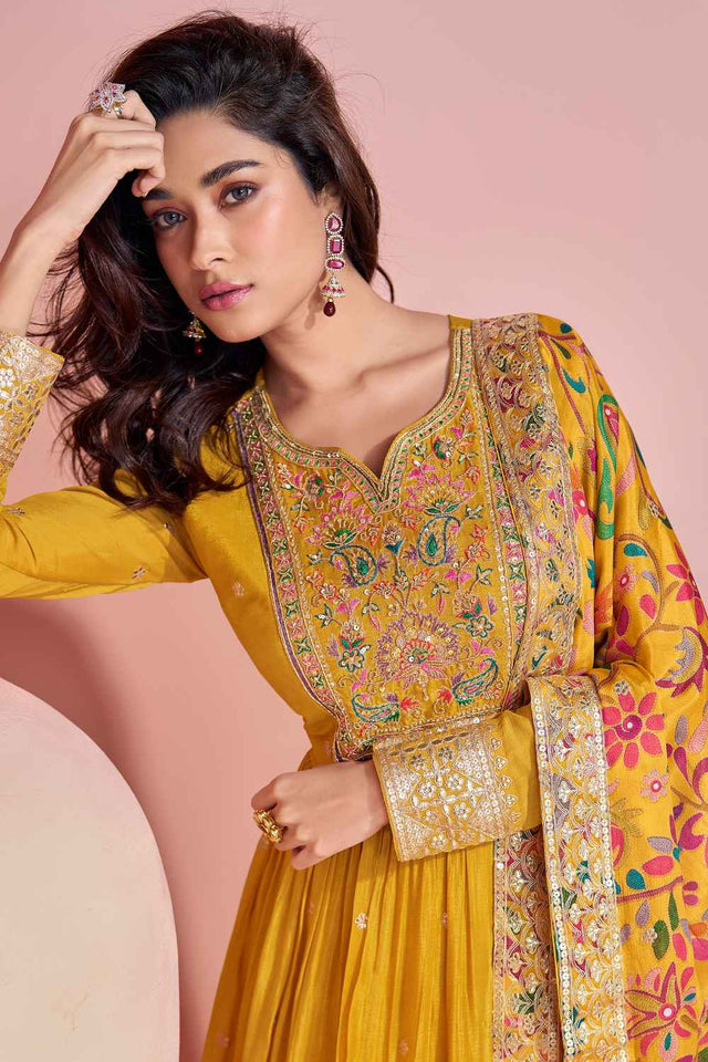 Yellow Sequin with Zari Work Chinon Gown