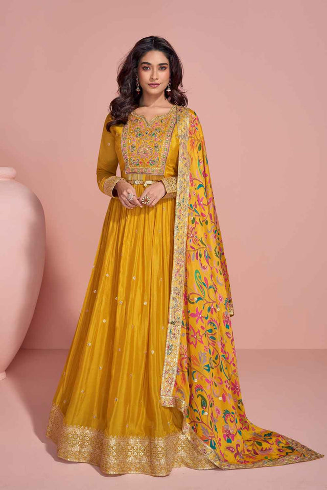 Yellow Sequin with Zari Work Chinon Gown