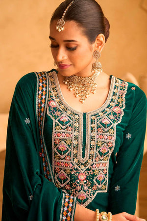 Green Embroidered Velvet Palazzo Suit Set