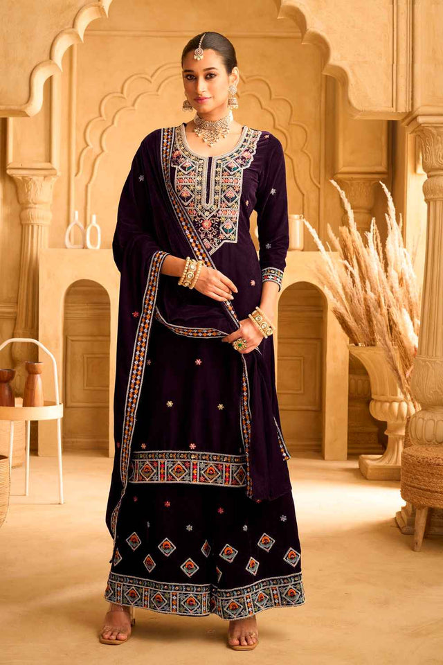 Violet Embroidered Velvet Palazzo Suit Set