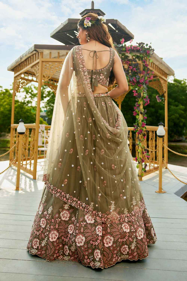Olive Green Sequin with Zari Work Satin Lehenga (ACZ7779)