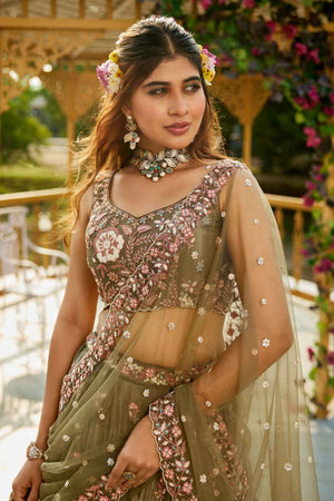 Olive Green Sequin with Zari Work Satin Lehenga (ACZ7779)