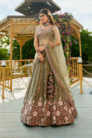 Olive Green Sequin with Zari Work Satin Lehenga (ACZ7779)