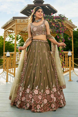 Olive Green Sequin with Zari Work Satin Lehenga (ACZ7779)
