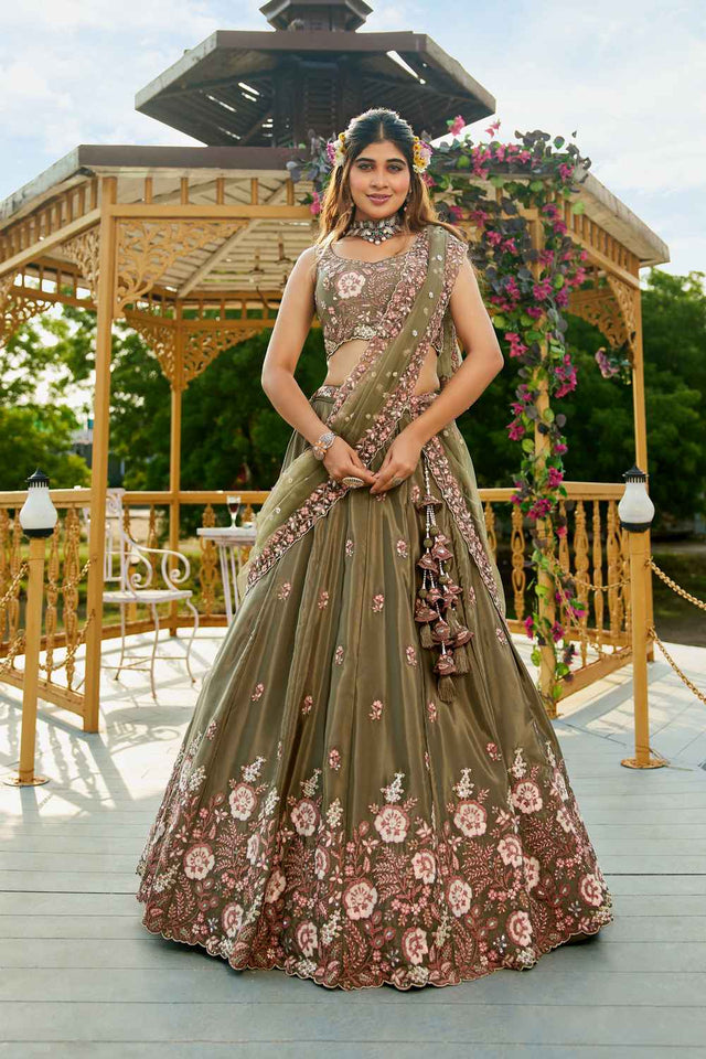 Olive Green Sequin with Zari Work Satin Lehenga (ACZ7779)