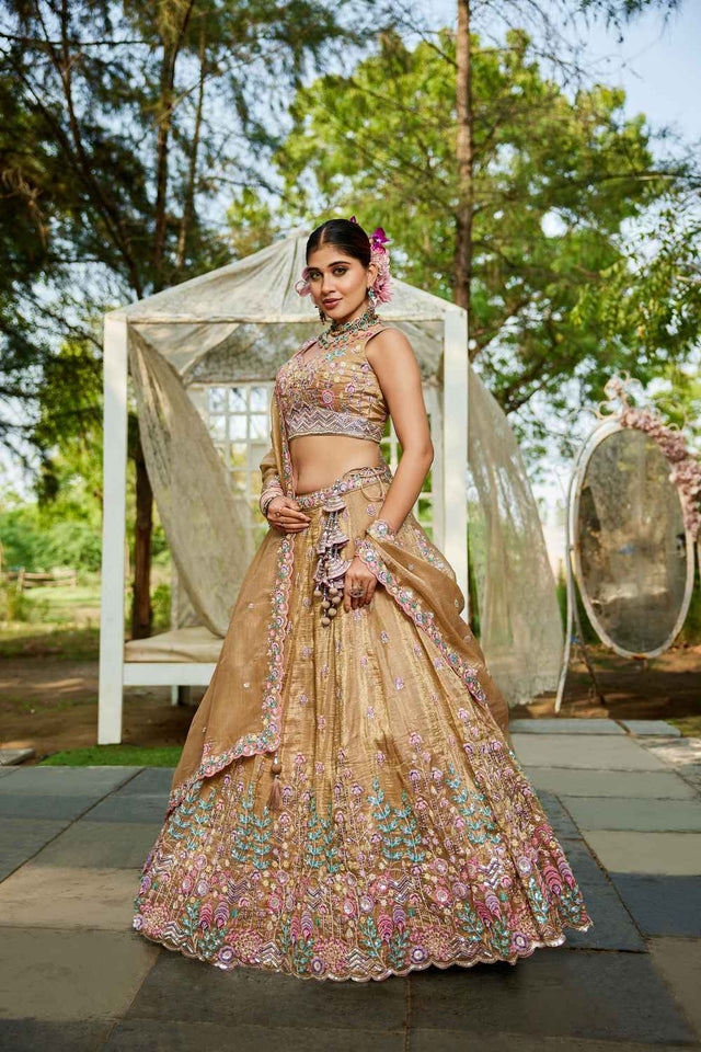 Beige Sequin with Zari Work Tissue Lehenga (ACZ7785)