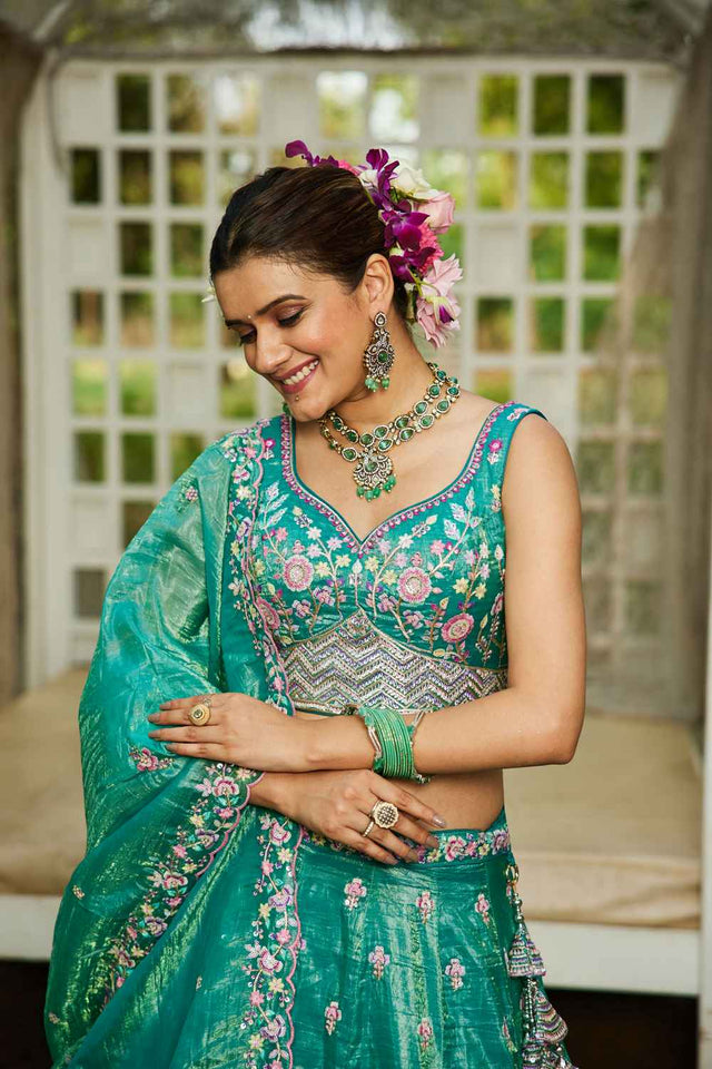 Sea Green Sequin with Zari Work Tissue Lehenga (ACZ7788)