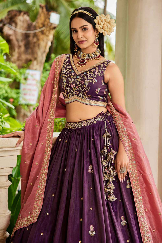 Maroon Sequin with Zari Work Tissue Lehenga (ACZ7789)