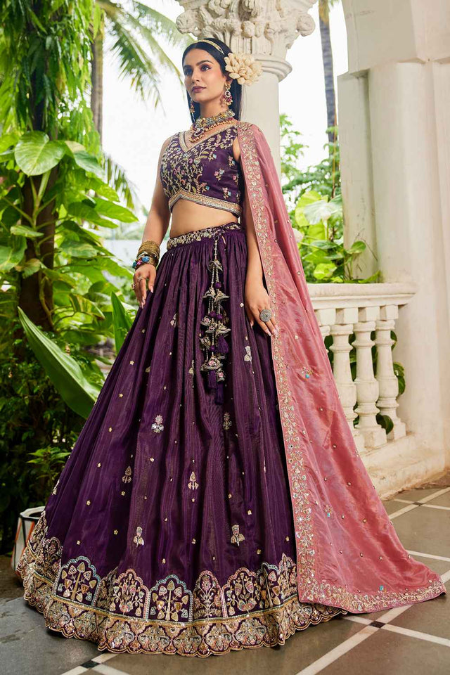 Maroon Sequin with Zari Work Tissue Lehenga (ACZ7789)