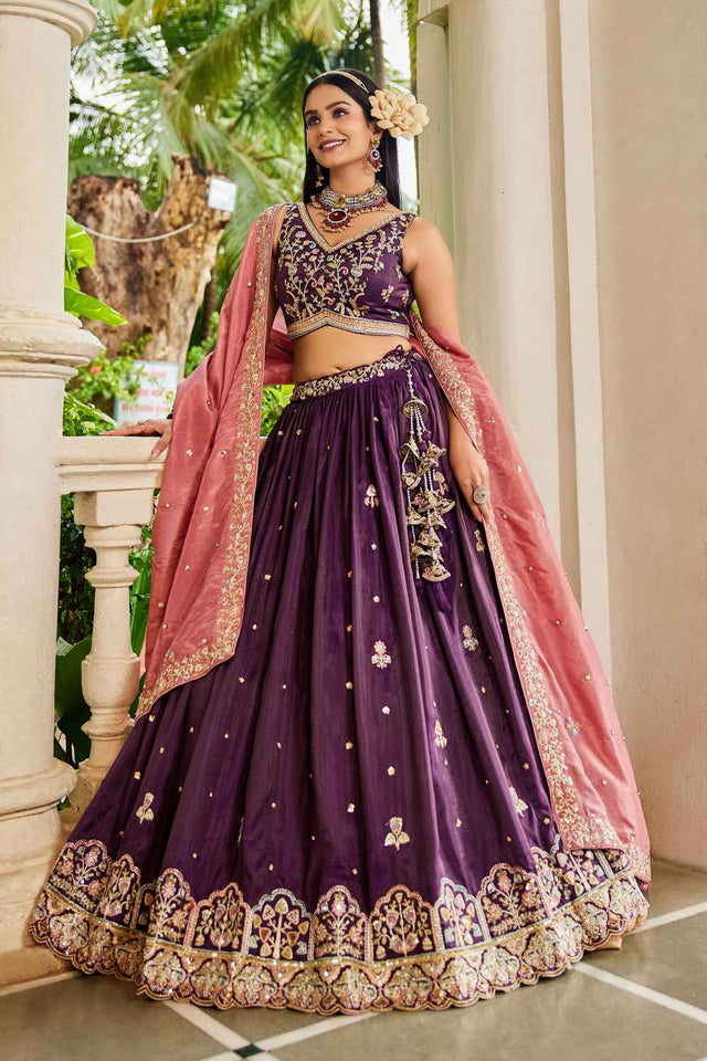 Maroon Sequin with Zari Work Tissue Lehenga (ACZ7789)