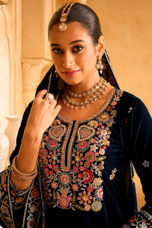 Blue Embroidered Velvet Palazzo Suit Set