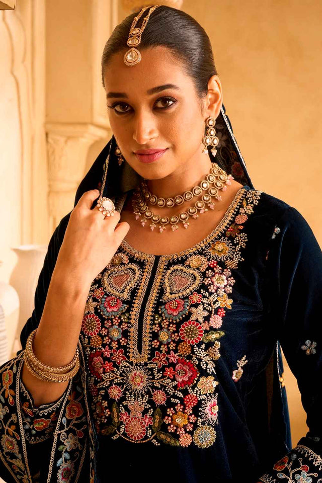 Blue Embroidered Velvet Palazzo Suit Set