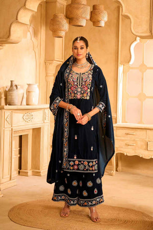 Blue Embroidered Velvet Palazzo Suit Set