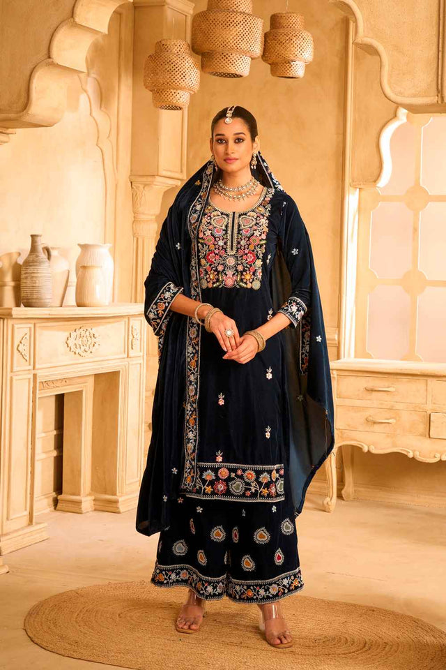 Blue Embroidered Velvet Palazzo Suit Set