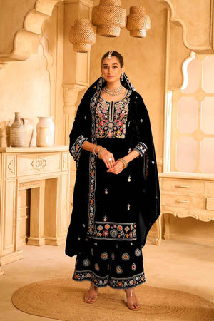 Black Embroidered Velvet Palazzo Suit Set