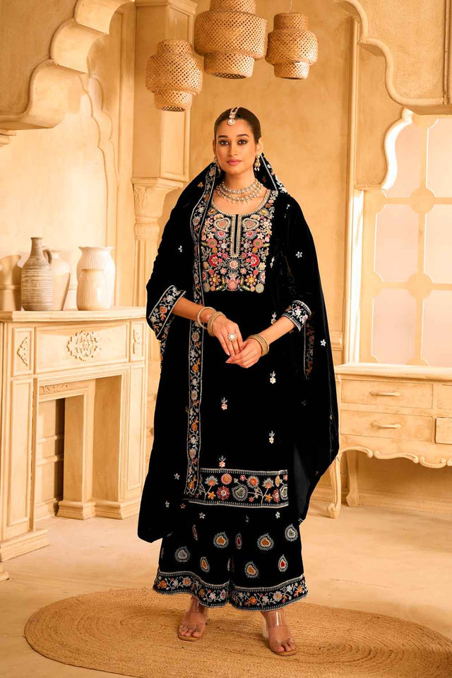 Black Embroidered Velvet Palazzo Suit Set