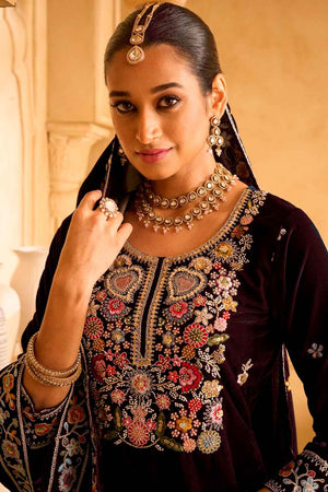 Wine Embroidered Velvet Palazzo Suit Set
