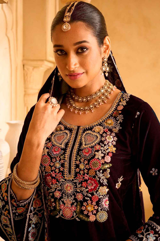 Wine Embroidered Velvet Palazzo Suit Set